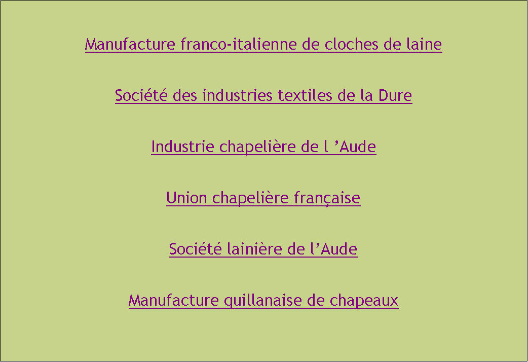 Zone de Texte: Manufacture franco-italienne de cloches de laineSocit des industries textiles de la DureIndustrie chapelire de l AudeUnion chapelire franaiseSocit lainire de lAudeManufacture quillanaise de chapeaux