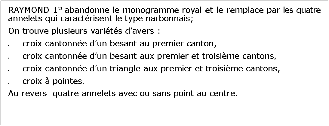 Zone de Texte: RAYMOND 1er abandonne le monogramme royal et le remplace par les quatre annelets qui caractrisent le type narbonnais;On trouve plusieurs varits davers :croix cantonne dun besant au premier canton,croix cantonne dun besant aux premier et troisime cantons,croix cantonne dun triangle aux premier et troisime cantons,croix  pointes.Au revers  quatre annelets avec ou sans point au centre.