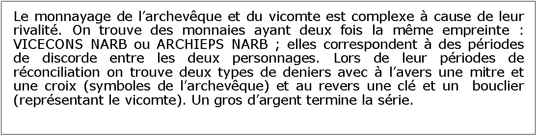 Zone de Texte: Le monnayage de larchevque et du vicomte est complexe  cause de leur rivalit. On trouve des monnaies ayant deux fois la mme empreinte : VICECONS NARB ou ARCHIEPS NARB ; elles correspondent  des priodes de discorde entre les deux personnages. Lors de leur priodes de rconciliation on trouve deux types de deniers avec  lavers une mitre et une croix (symboles de larchevque) et au revers une cl et un  bouclier (reprsentant le vicomte). Un gros dargent termine la srie.