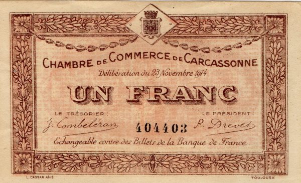 Billet de 1 franc de la Chambre de commerce de Carcassonne – 23 novembre 1914