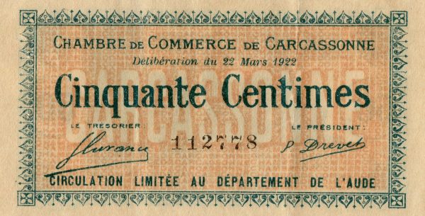 Billet de 50 centimes de la Chambre de commerce de Carcassonne – 22 mars 1922