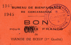 Bon pour 2 francs de viande de boeuf  – Bureau de bienfaisance – Carcassonne