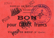 Bon pour 2 francs de viande de boeuf  – Bureau de bienfaisance – Carcassonne