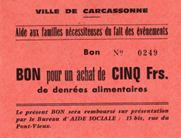 Bon pour cinq francs de denrées alimentaires – Bureau d’aide sociale – Carcassonne