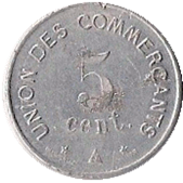 Jeton de 5 c – Union des commerçants – Carcassonne – 1917