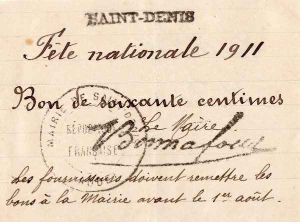 Bon de la fête nationale – Saint Denis – 1911