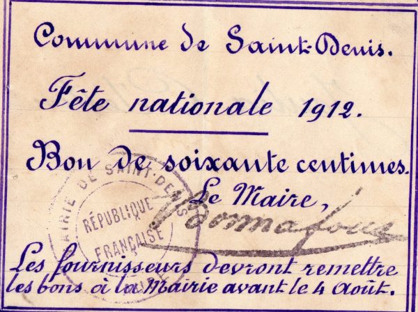 Bon de la fête nationale – Saint Denis – 1912