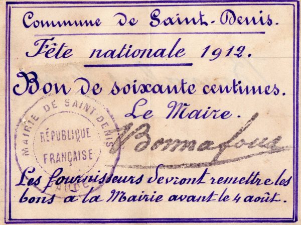 Bon de la fête nationale – Saint Denis – 1912