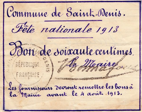 Bon de la fête nationale – Saint Denis – 1913