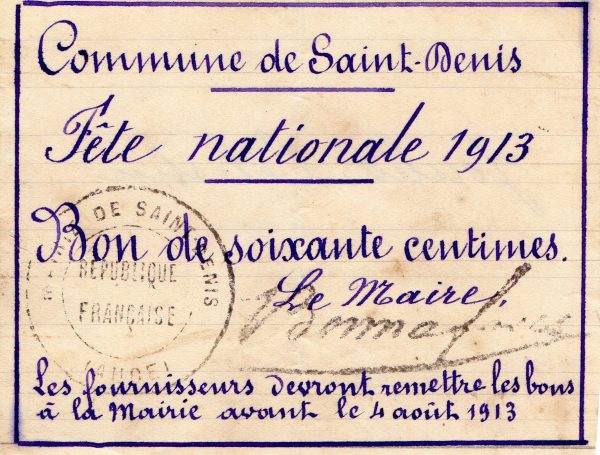 Bon de la fête nationale – Saint Denis – 1913