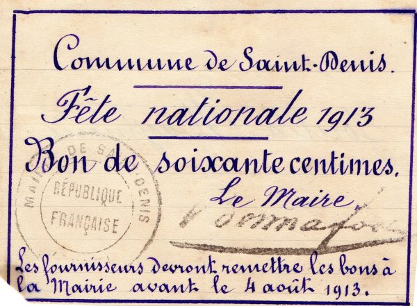 Bon de la fête nationale – Saint Denis – 1913