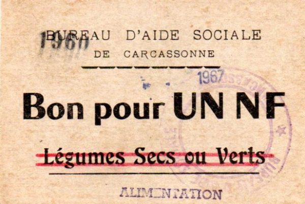 Bon pour un NF légumes secs – Bureau d’aide sociale – Carcassonne 1960/1967